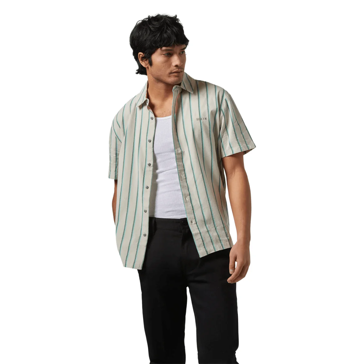 Brixton Men's Cru Stripe S/S Woven Shirt Beige/Pine Needle/Aquatic Green