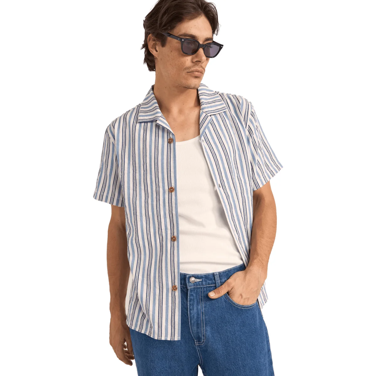 Rhythm Men's Vacation Stripe S/S Shirt Blue